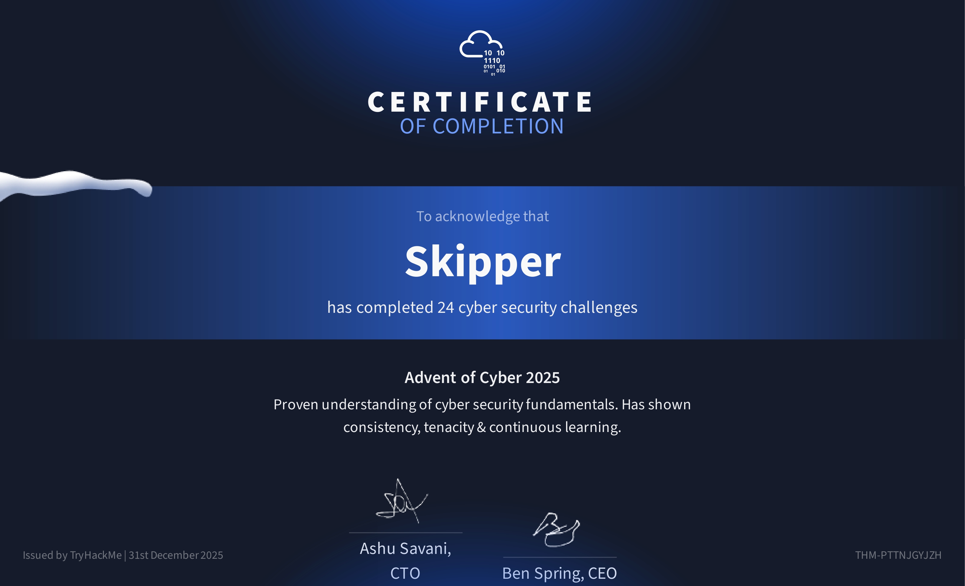 Advent of Cyber 2025 Certificate